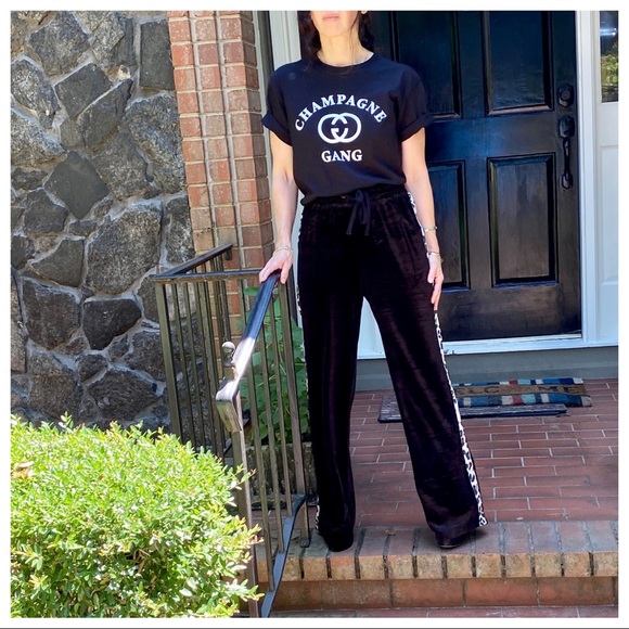 BLACK VELVET WIDE LEG PANTS W/LEOPARD SIDE TRIM - Picture 16 of 16